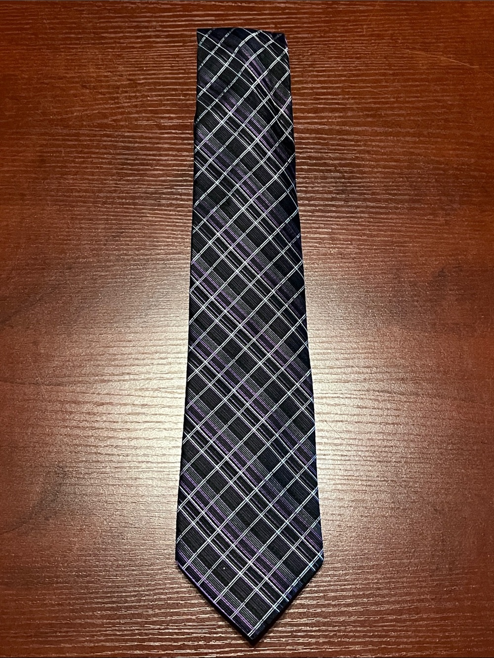 bill blass Silk Black Tie with Purple and Silver Plaid